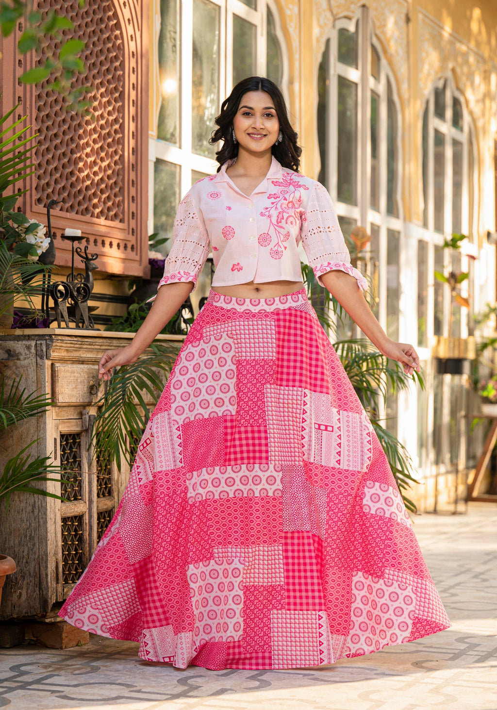 Juniper Pink Geometric Printed Cotton Top & Skirt With Thread Work
