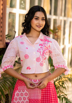 Juniper Pink Geometric Printed Cotton Top & Skirt With Thread Work