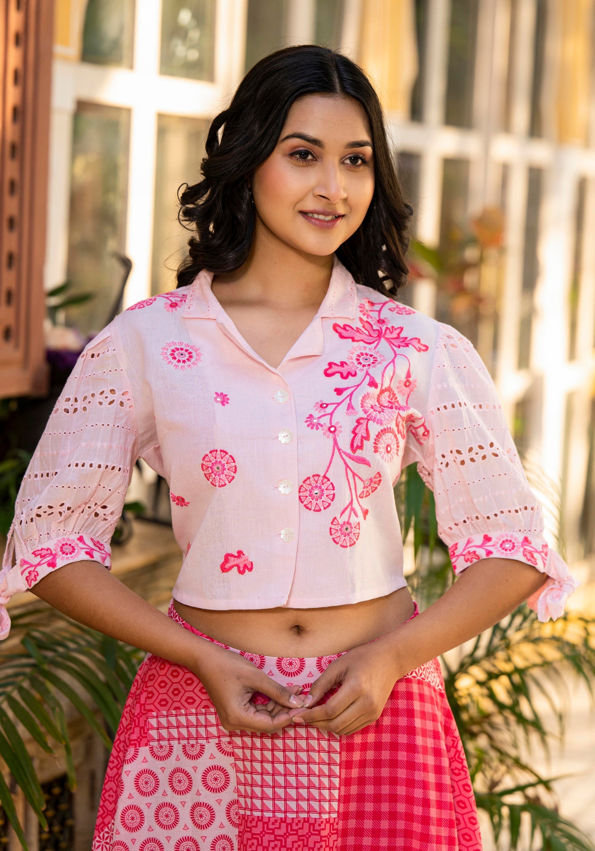 Juniper Pink Geometric Printed Cotton Top & Skirt With Thread Work