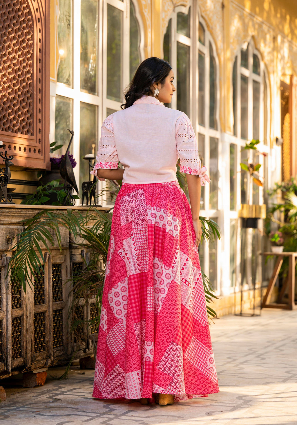 Juniper Pink Geometric Printed Cotton Top & Skirt With Thread Work