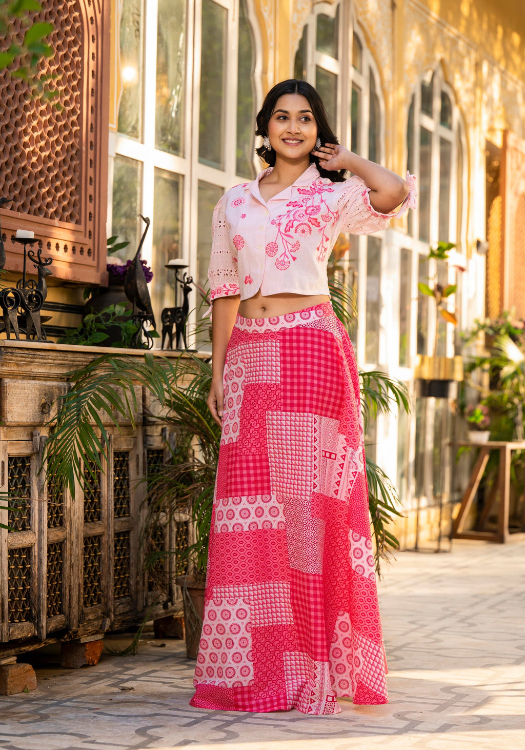 Juniper Pink Geometric Printed Cotton Top & Skirt With Thread Work