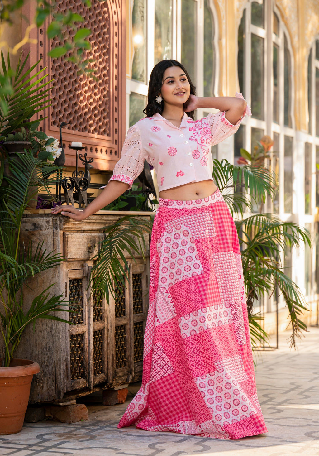 Juniper Pink Geometric Printed Cotton Top & Skirt With Thread Work