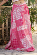 Juniper Pink Geometric Printed Cotton Top & Skirt With Thread Work