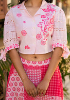 Juniper Pink Geometric Printed Cotton Top & Skirt With Thread Work