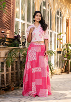 Juniper Pink Geometric Printed Cotton Top & Skirt With Thread Work