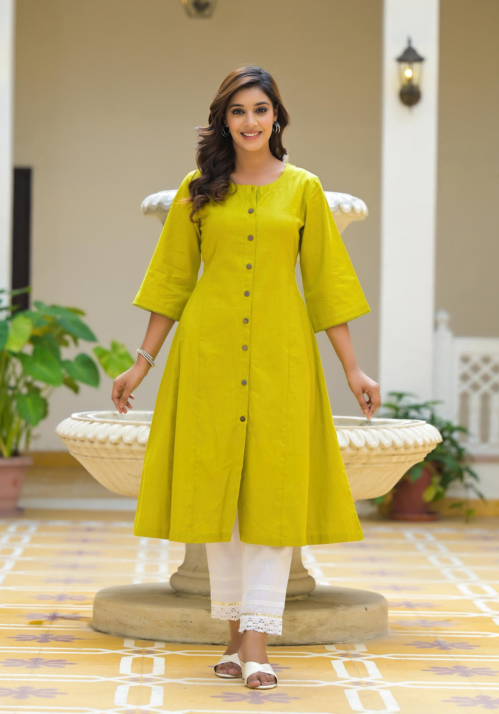 Juniper Lime Green Solid Cotton Linen Kurta With Button Closure - Distacart