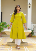 Juniper Lime Green Solid Cotton Linen Kurta With Button Closure - Distacart
