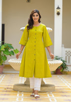 Juniper Lime Green Solid Cotton Linen Kurta With Button Closure - Distacart