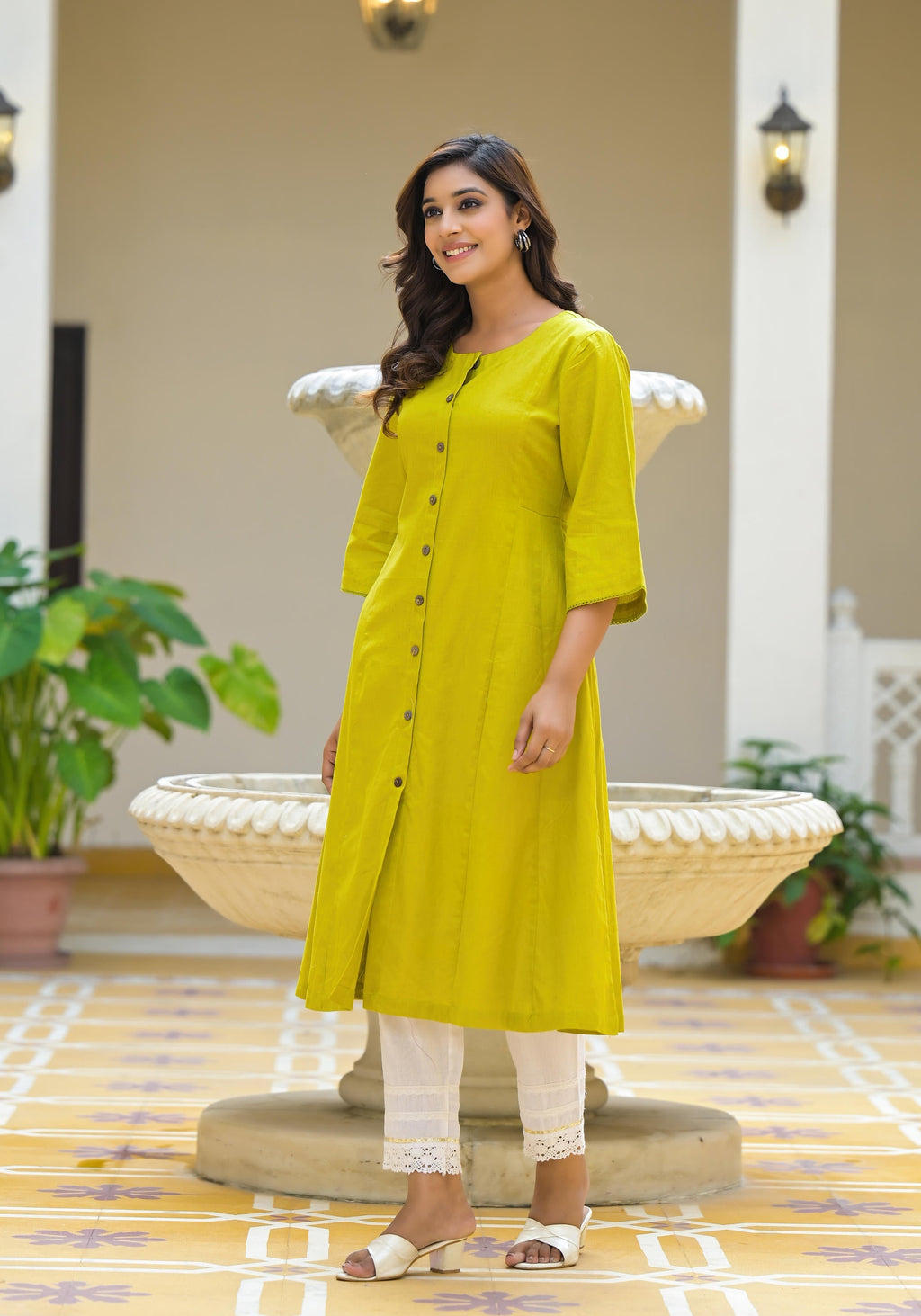 Juniper Lime Green Solid Cotton Linen Kurta With Button Closure - Distacart