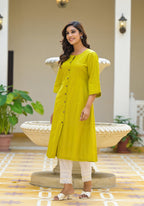 Juniper Lime Green Solid Cotton Linen Kurta With Button Closure - Distacart