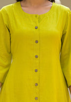 Juniper Lime Green Solid Cotton Linen Kurta With Button Closure - Distacart