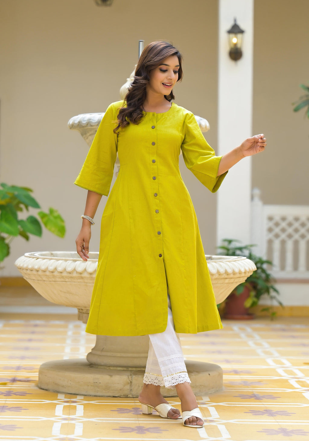 Juniper Lime Green Solid Cotton Linen Kurta With Button Closure - Distacart