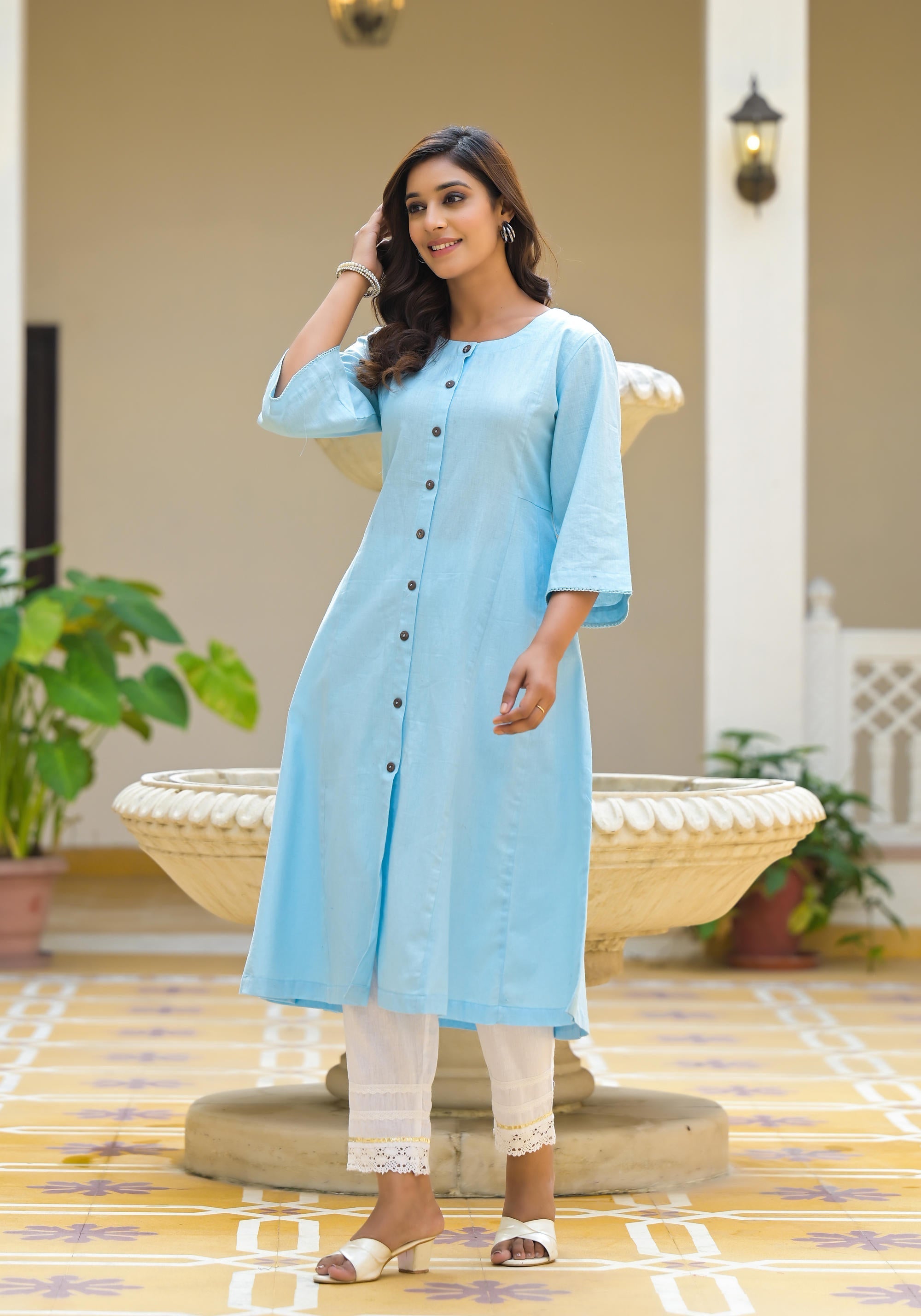 Juniper Powder Blue Solid Cotton Linen Kurta With Button Closure - Distacart