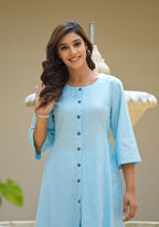 Juniper Powder Blue Solid Cotton Linen Kurta With Button Closure - Distacart