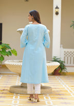 Juniper Powder Blue Solid Cotton Linen Kurta With Button Closure - Distacart