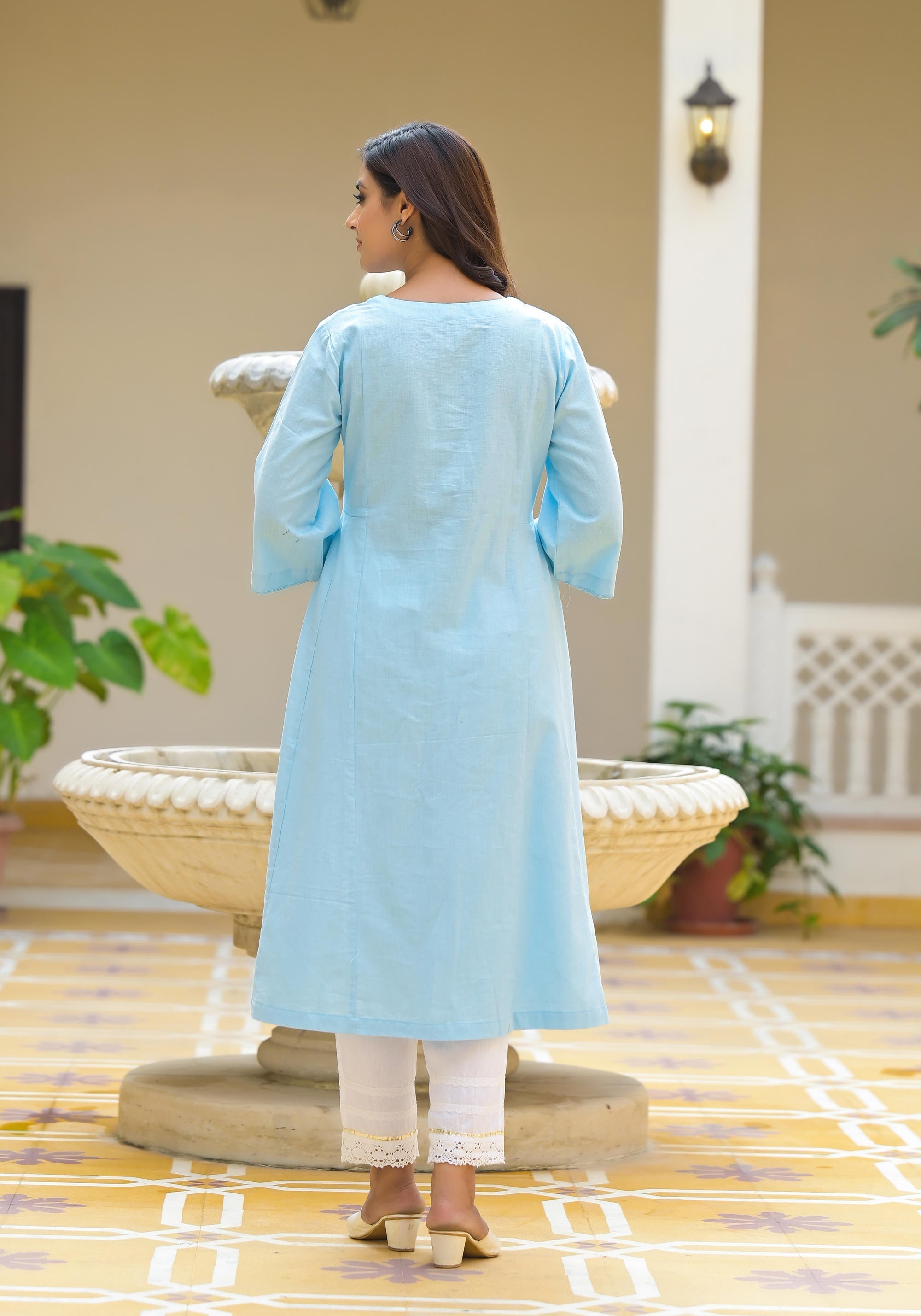 Juniper Powder Blue Solid Cotton Linen Kurta With Button Closure - Distacart