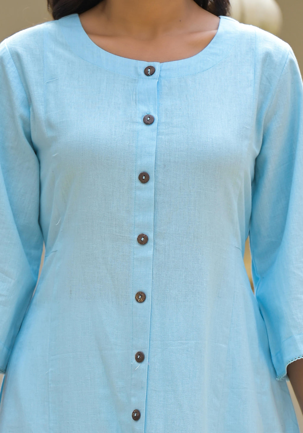 Juniper Powder Blue Solid Cotton Linen Kurta With Button Closure - Distacart