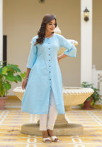Juniper Powder Blue Solid Cotton Linen Kurta With Button Closure - Distacart
