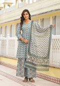 Juniper Grey Floral Printed Cotton Kurta Sharara And Dupatta Set With Sequins - Distacart