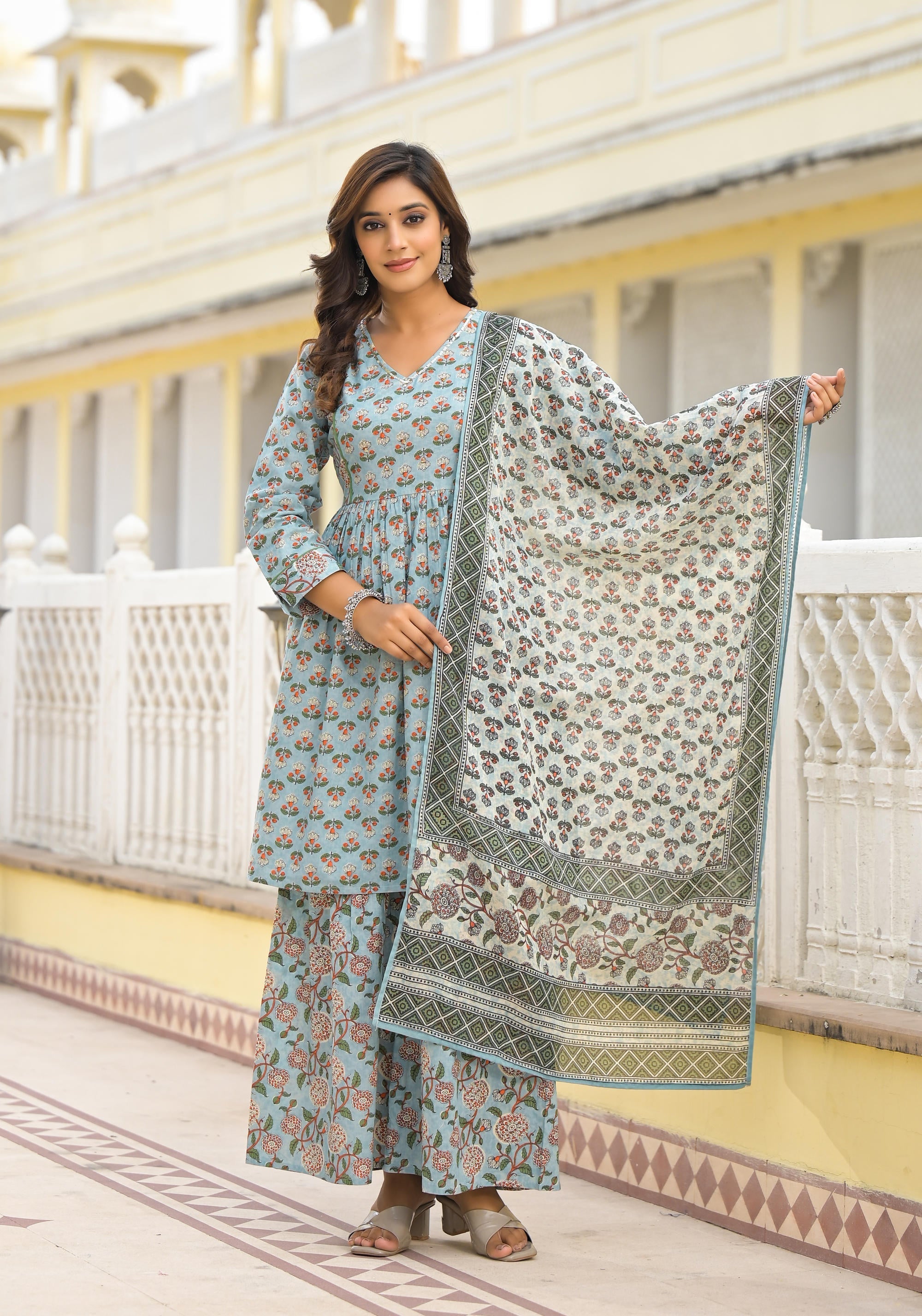 Juniper Grey Floral Printed Cotton Kurta Sharara And Dupatta Set With Sequins - Distacart