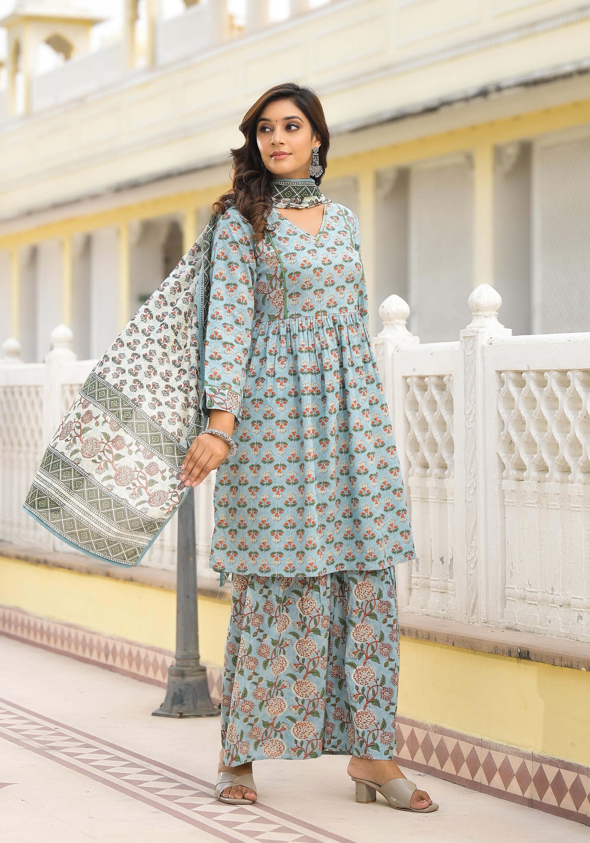 Juniper Grey Floral Printed Cotton Kurta Sharara And Dupatta Set With Sequins - Distacart