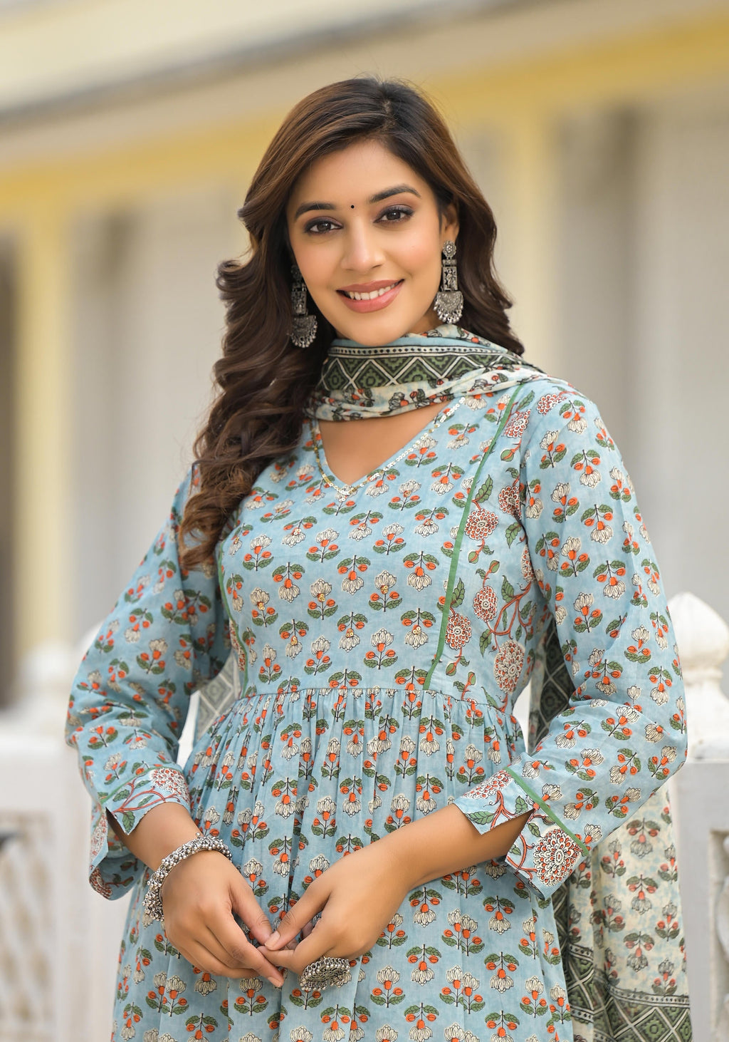Juniper Grey Floral Printed Cotton Kurta Sharara And Dupatta Set With Sequins - Distacart
