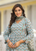 Juniper Grey Floral Printed Cotton Kurta Sharara And Dupatta Set With Sequins - Distacart