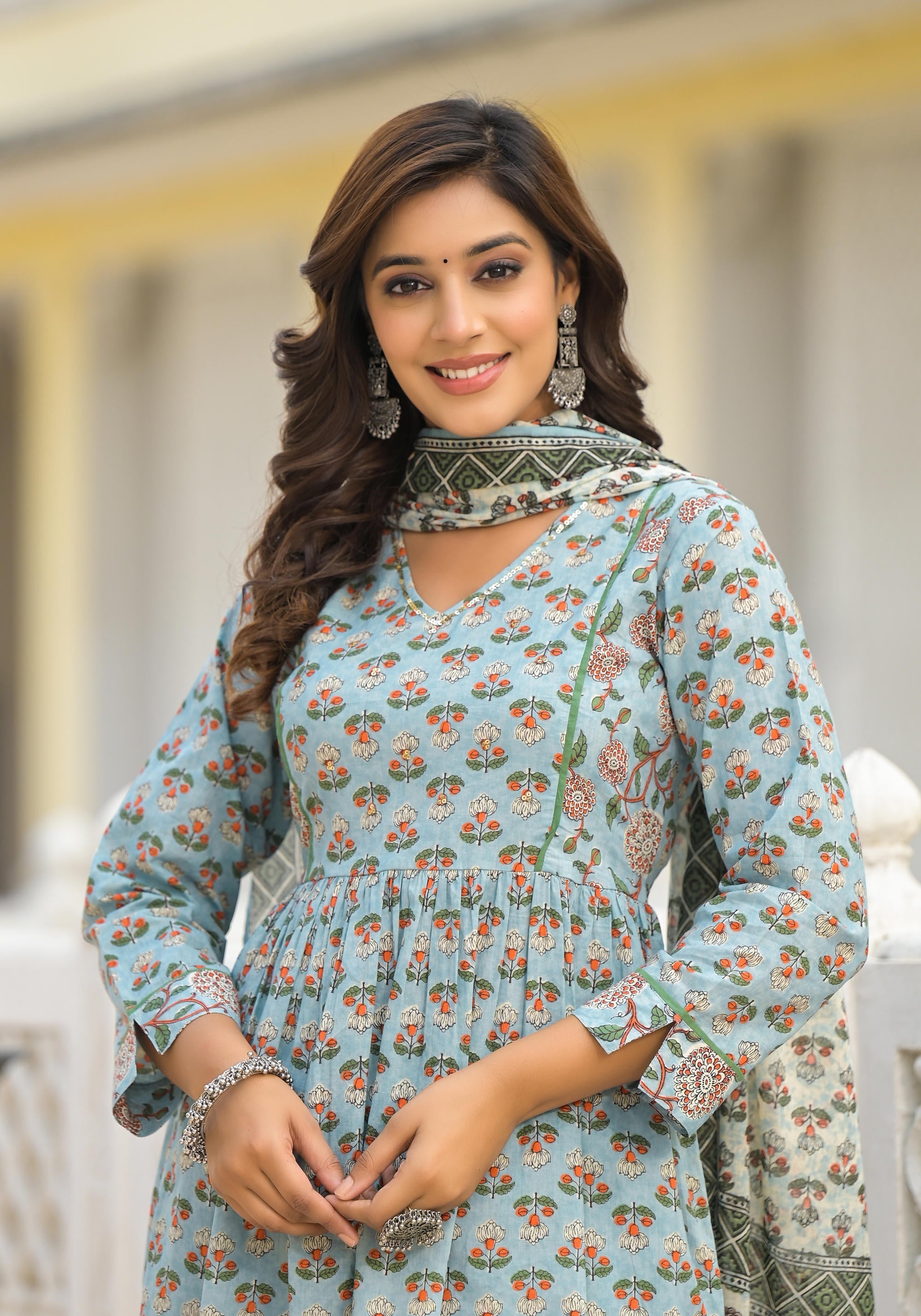 Juniper Grey Floral Printed Cotton Kurta Sharara And Dupatta Set With Sequins - Distacart