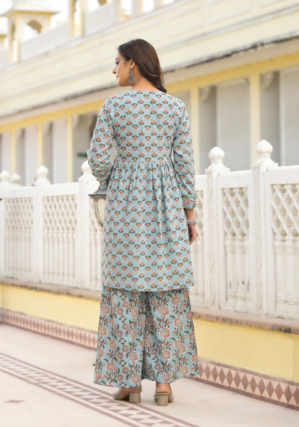 Juniper Grey Floral Printed Cotton Kurta Sharara And Dupatta Set With Sequins - Distacart
