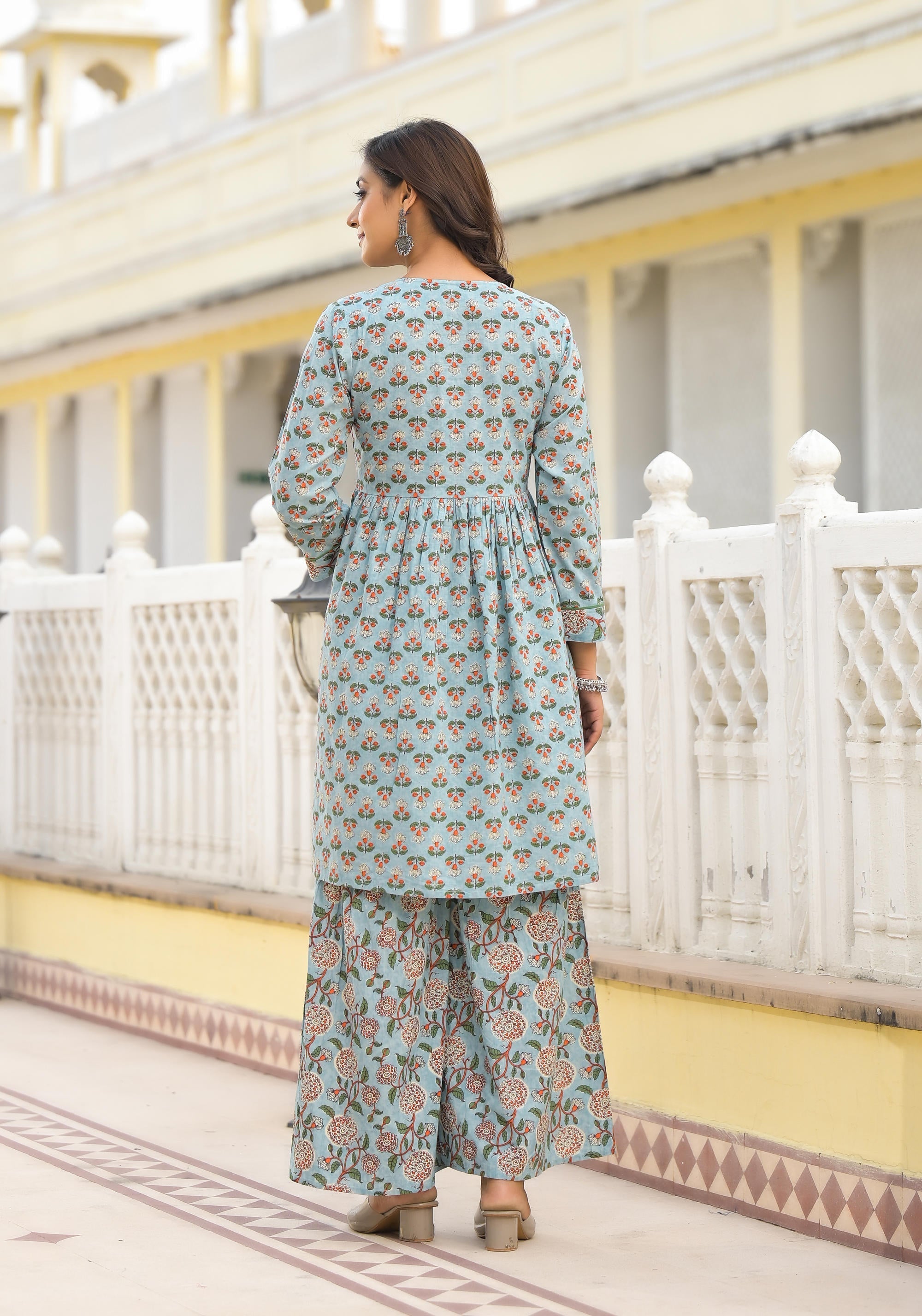Juniper Grey Floral Printed Cotton Kurta Sharara And Dupatta Set With Sequins - Distacart