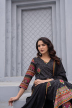 Juniper Black Floral Printed Cotton Kurta Set With Thread Work & Sequins - Distacart