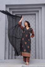 Juniper Black Floral Printed Cotton Kurta Set With Thread Work & Sequins - Distacart