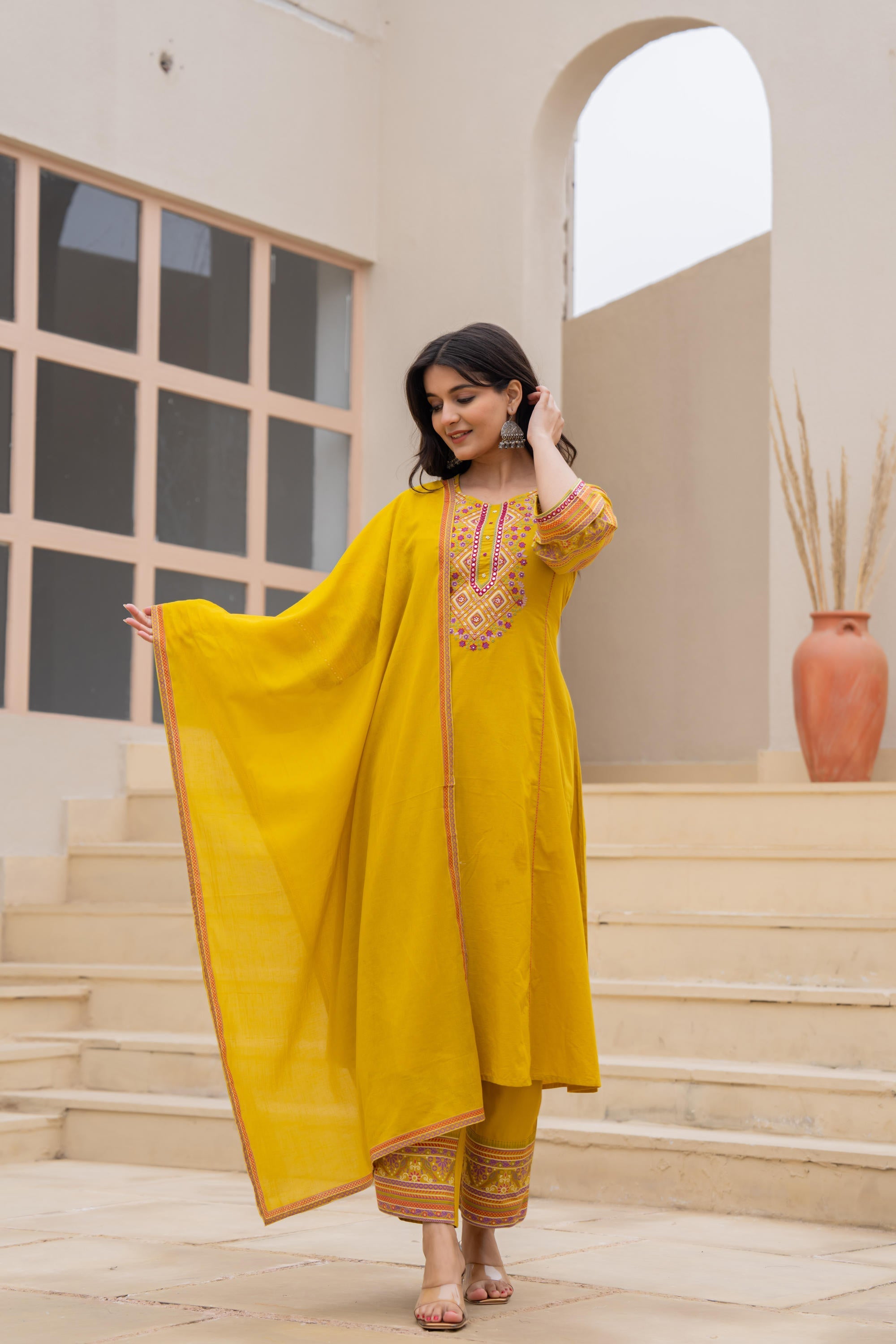 Juniper Mustard Embroidered Kurta Set with Printed Pant & Dupatta - Distacart