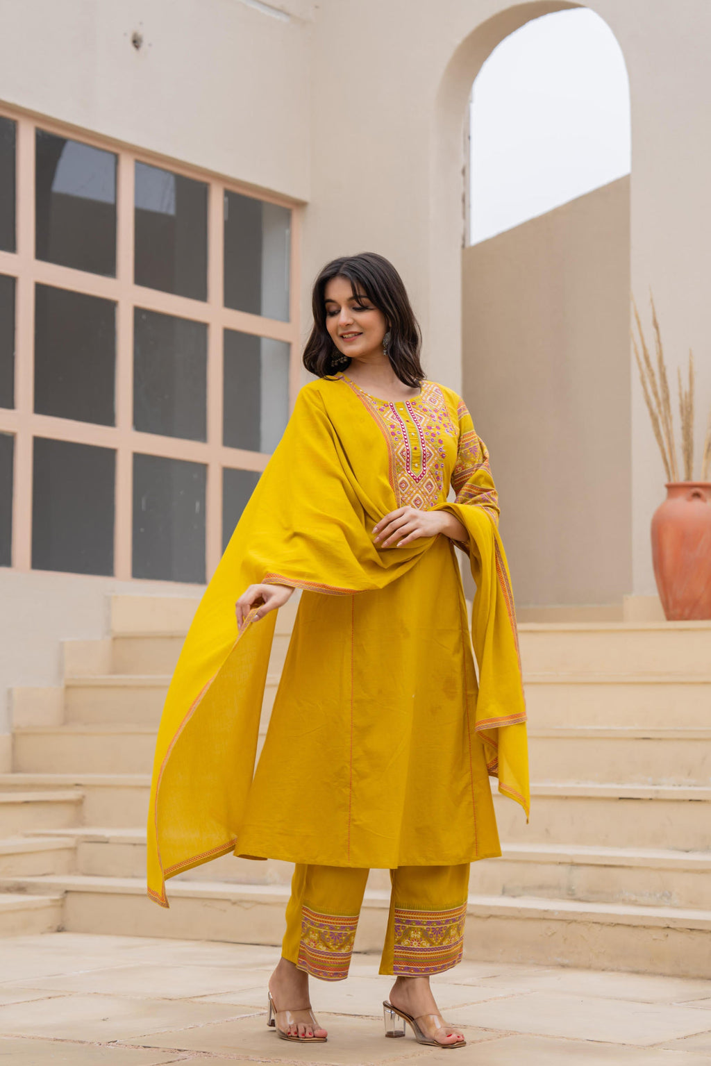 Juniper Mustard Embroidered Kurta Set With Printed Pant & Dupatta - Distacart