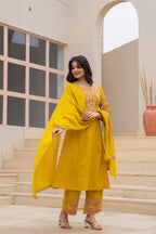 Juniper Mustard Embroidered Kurta Set With Printed Pant & Dupatta - Distacart