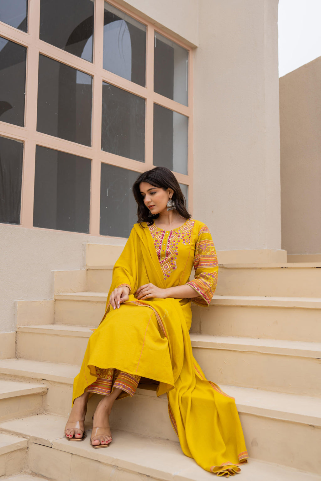 Juniper Mustard Embroidered Kurta Set with Printed Pant & Dupatta - Distacart