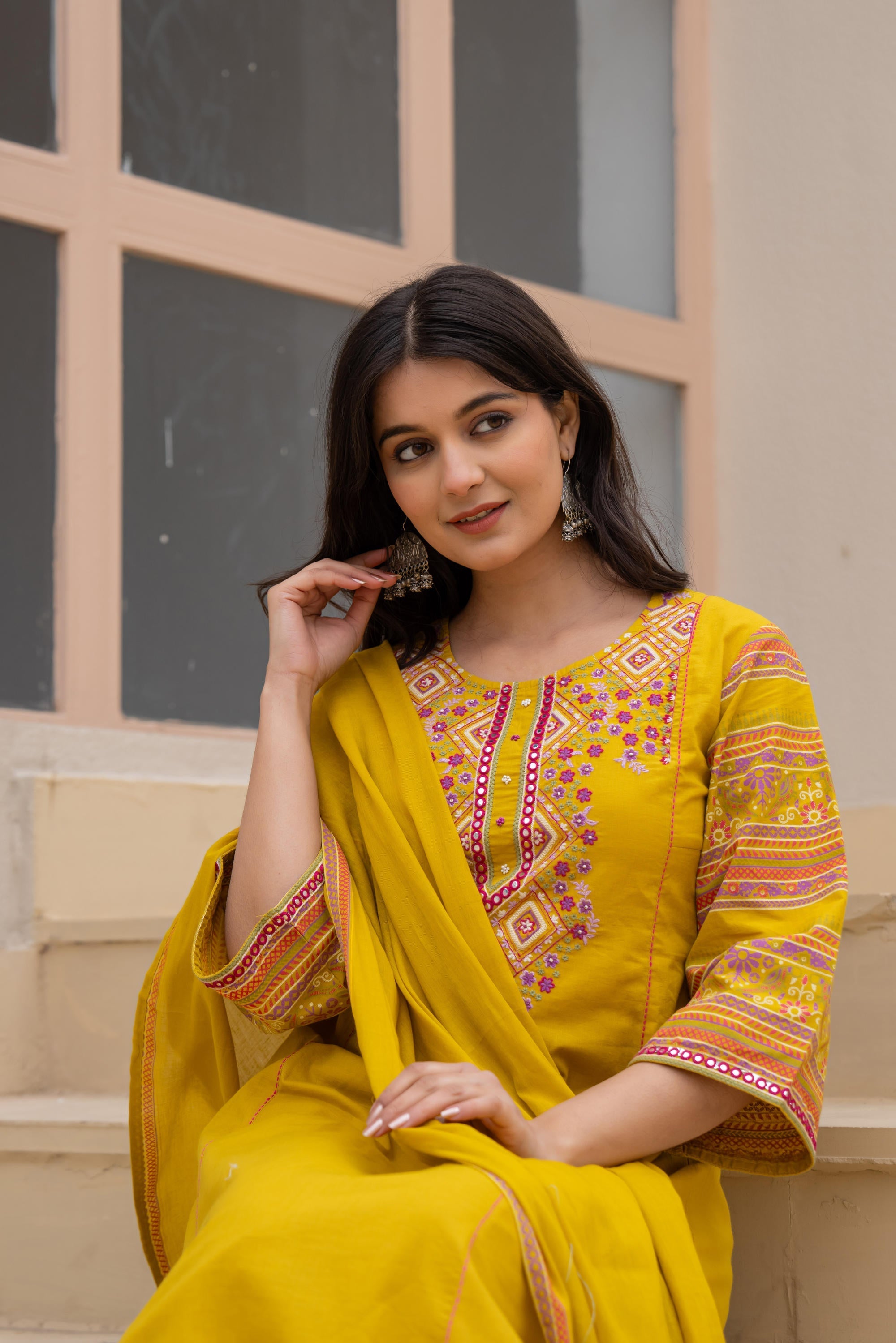 Juniper Mustard Embroidered Kurta Set with Printed Pant & Dupatta - Distacart