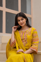 Juniper Mustard Embroidered Kurta Set With Printed Pant & Dupatta - Distacart