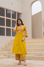 Juniper Mustard Embroidered Kurta Set with Printed Pant & Dupatta - Distacart