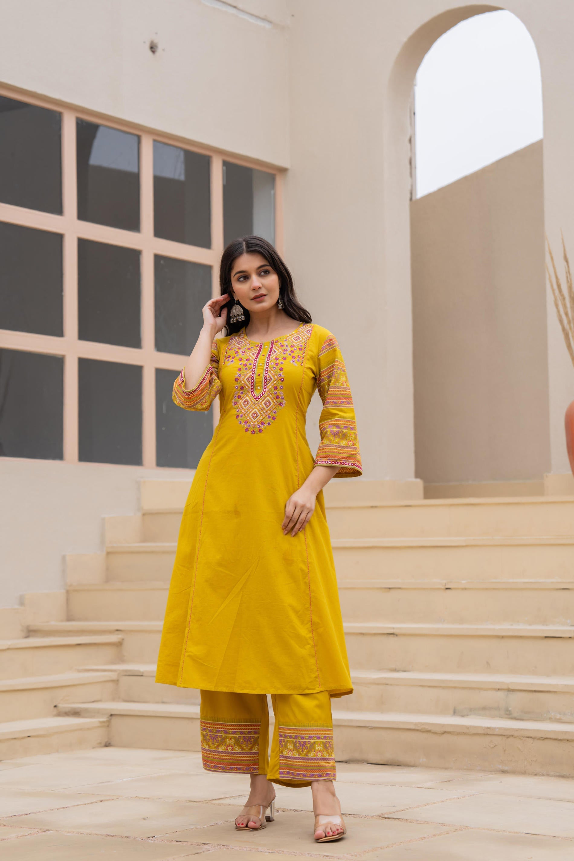 Juniper Mustard Embroidered Kurta Set with Printed Pant & Dupatta - Distacart