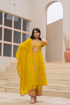 Juniper Mustard Embroidered Kurta Set with Printed Pant & Dupatta - Distacart