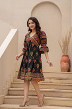 Juniper Black Printed Fit & Flare Dress with Tribal Border - Distacart