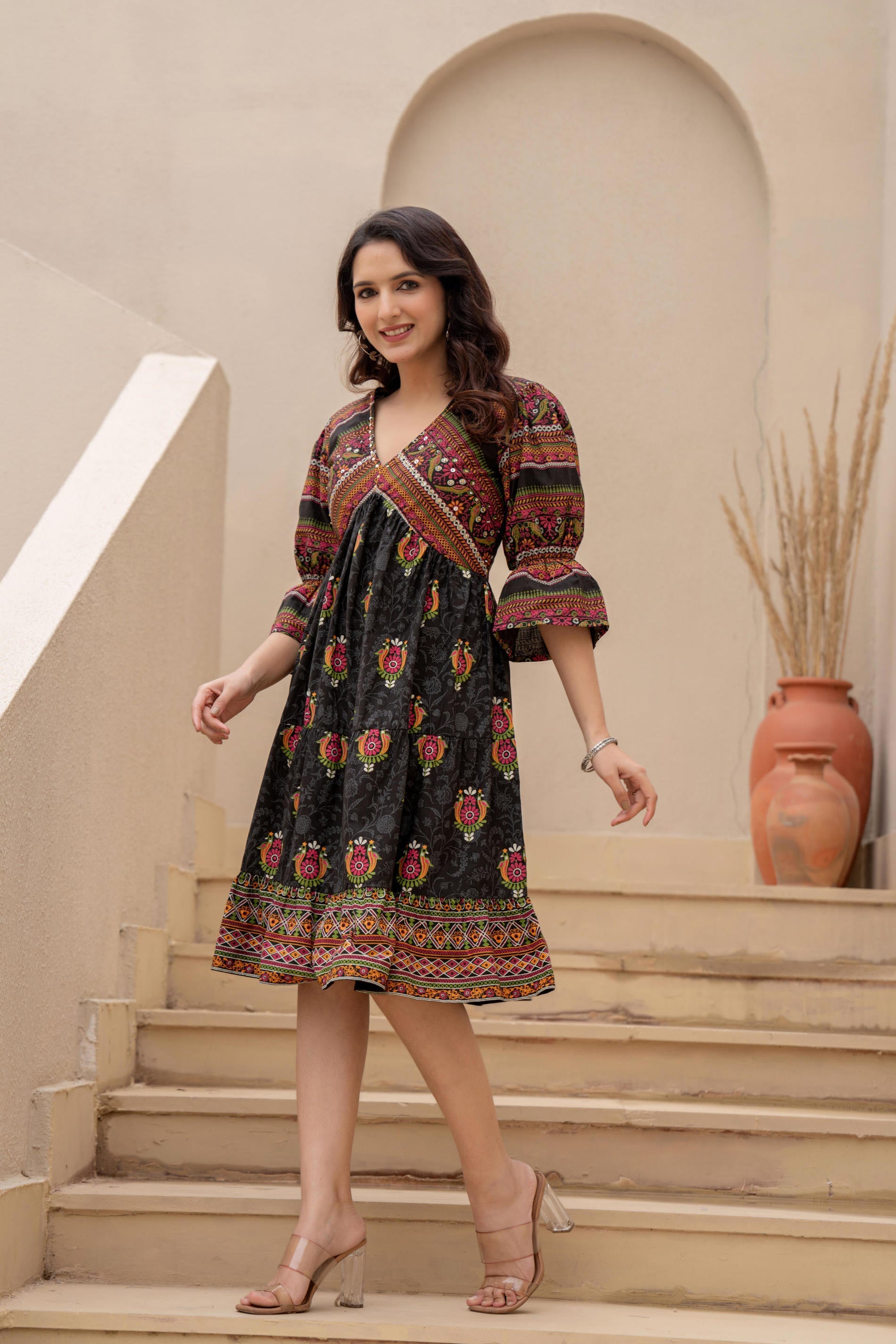 Juniper Black Printed Fit & Flare Dress with Tribal Border - Distacart