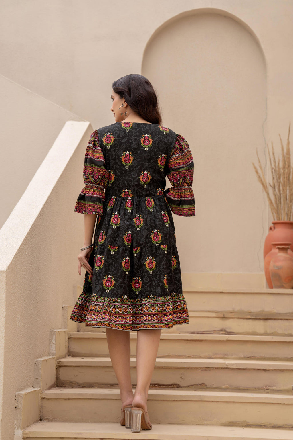 Juniper Black Printed Fit & Flare Dress with Tribal Border - Distacart
