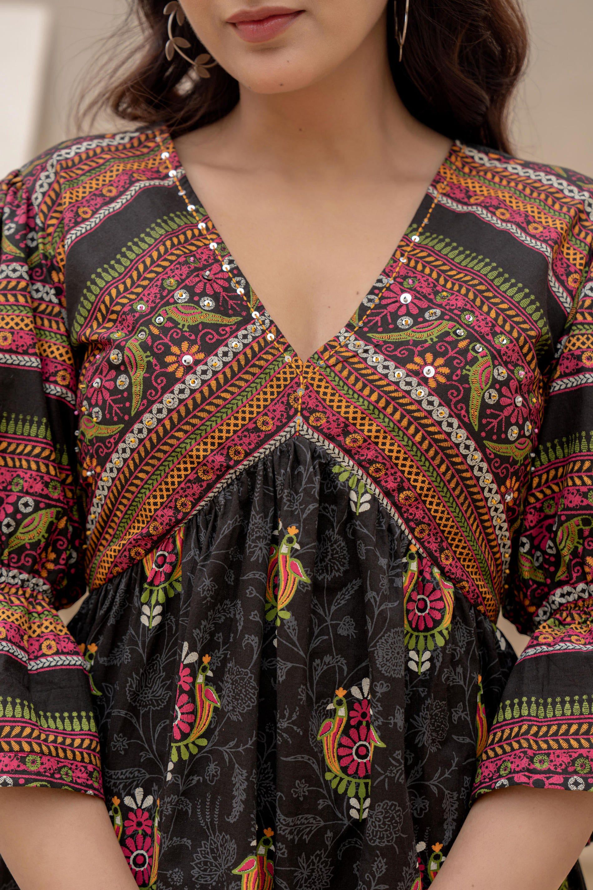 Juniper Black Printed Fit & Flare Dress with Tribal Border - Distacart