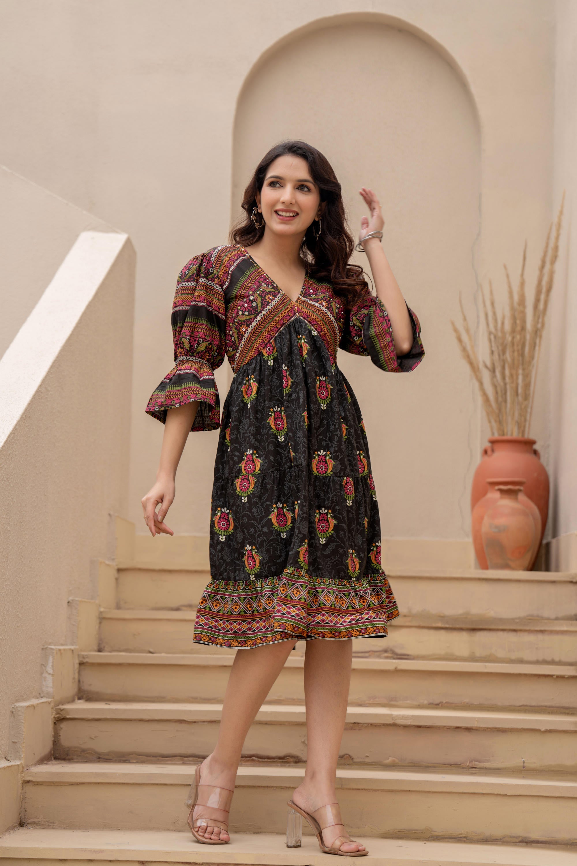 Juniper Black Printed Fit & Flare Dress with Tribal Border - Distacart