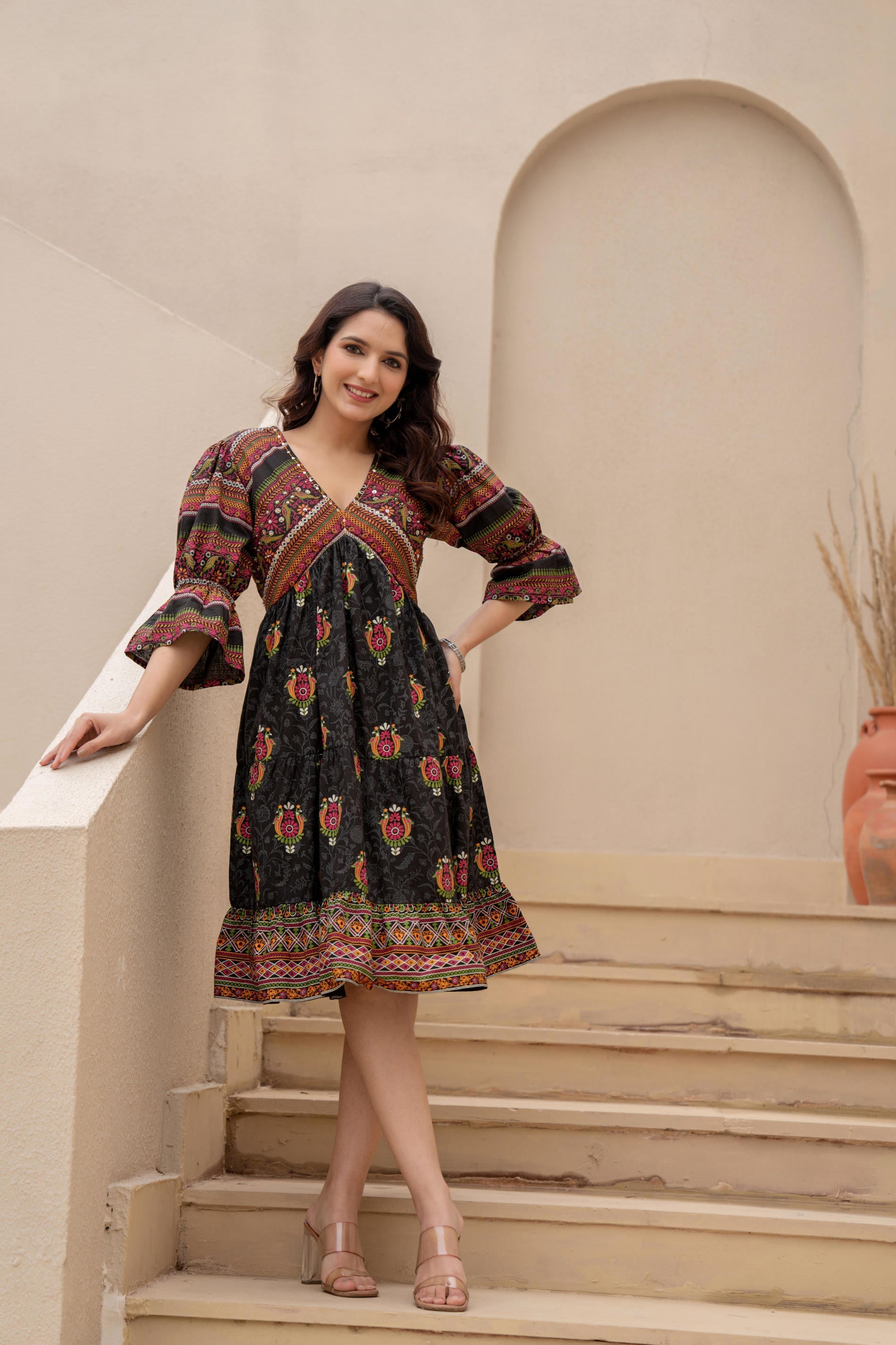 Juniper Black Printed Fit & Flare Dress with Tribal Border - Distacart
