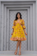 Juniper Mustard Printed Fit & Flare Dress With Tribal Border - Distacart