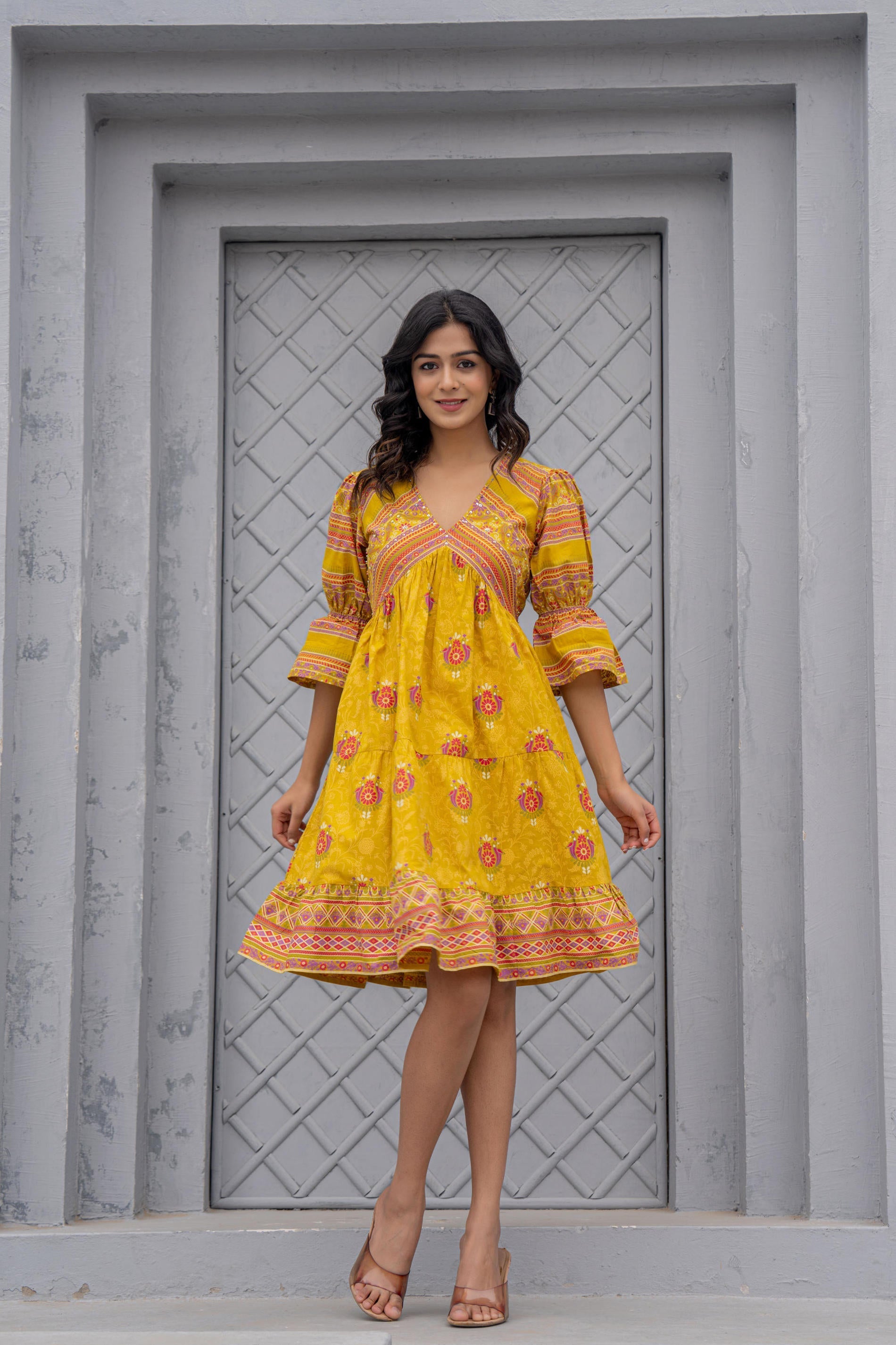 Juniper Mustard Printed Fit & Flare Dress With Tribal Border - Distacart