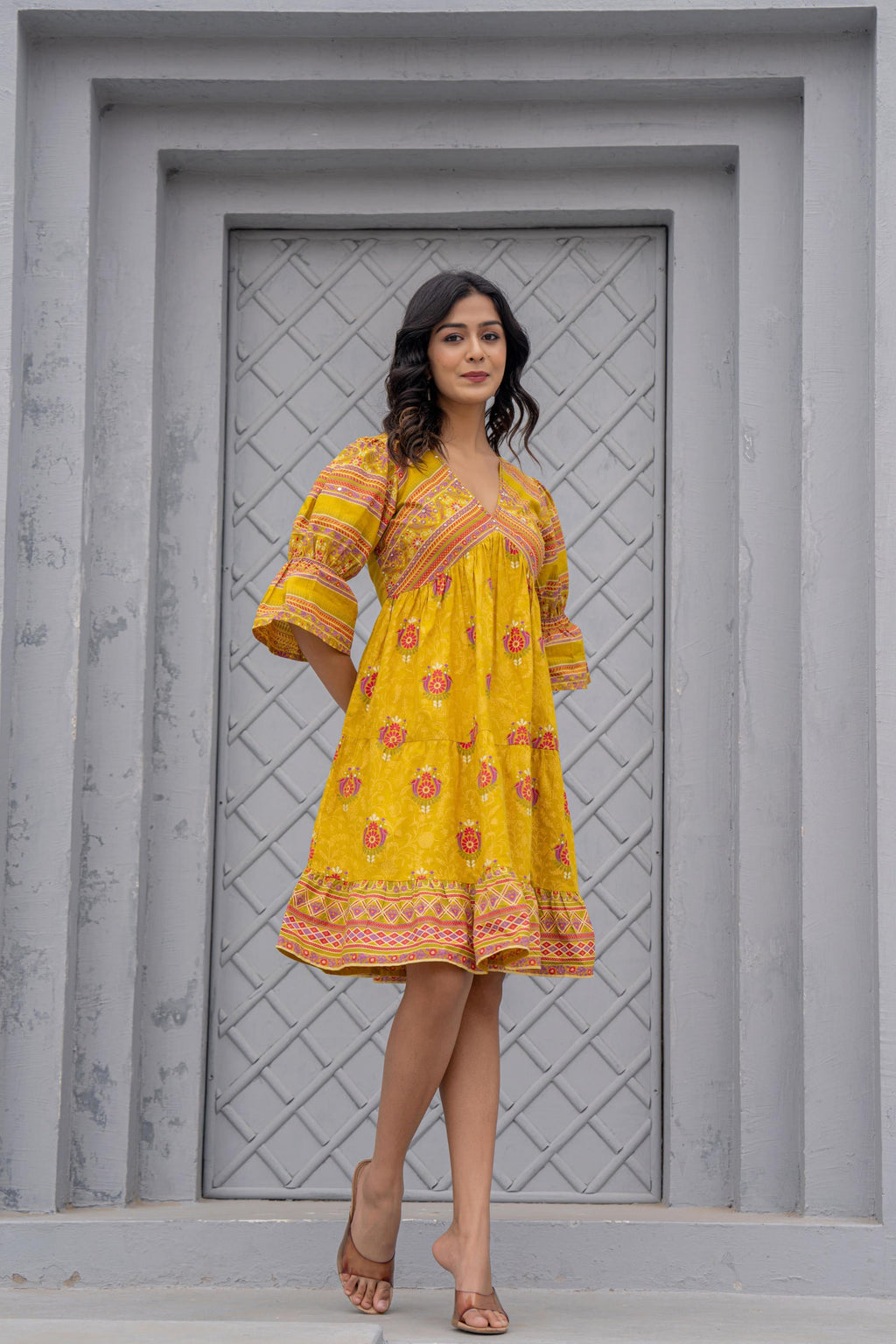 Juniper Mustard Printed Fit & Flare Dress with Tribal Border - Distacart
